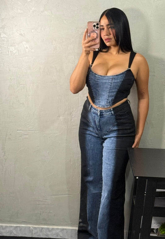 Ombre Denim Crop Tank And Wide Leg Jeans Set