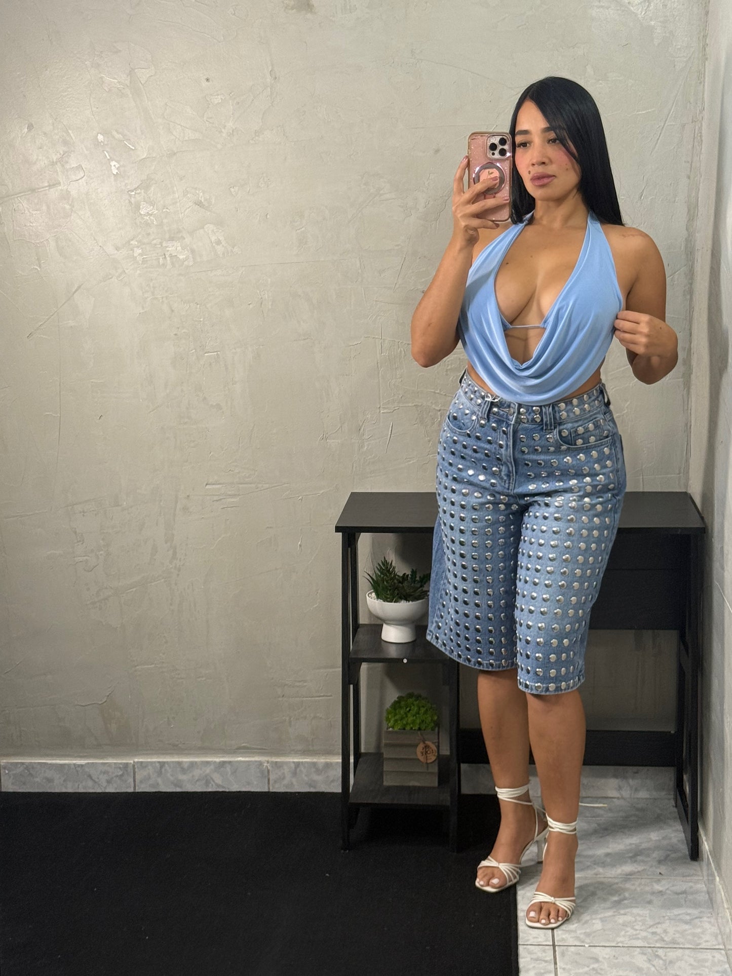 Blue top with open shirt vibe