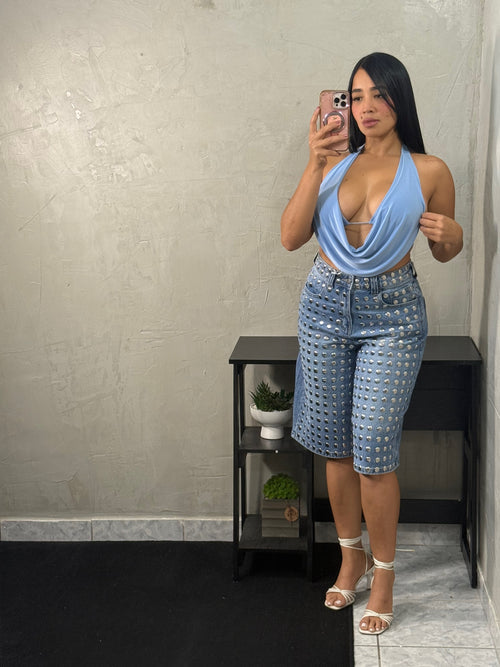 Blue top with open shirt vibe