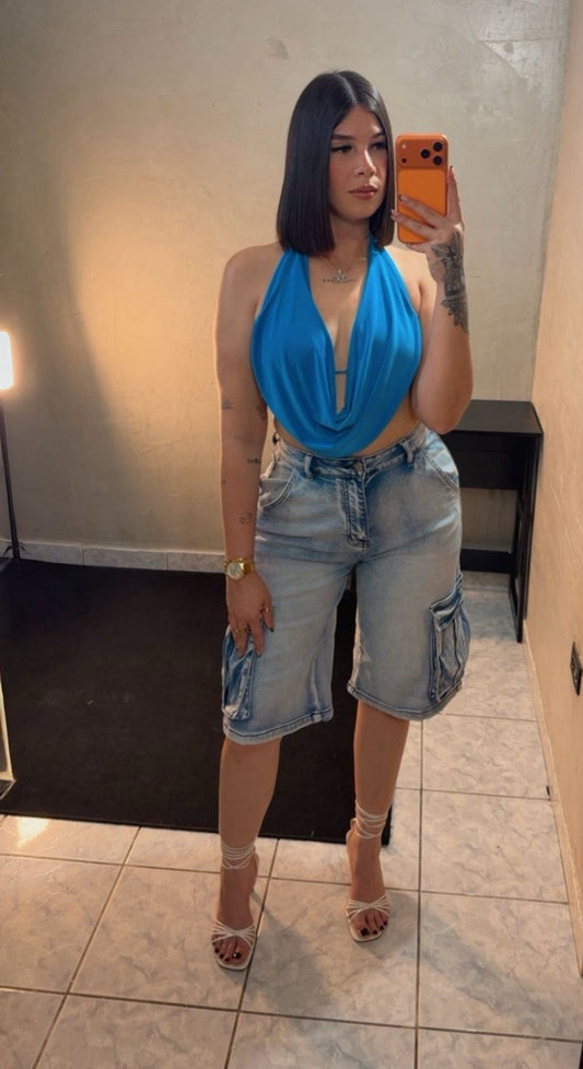 Blue top with open shirt vibe