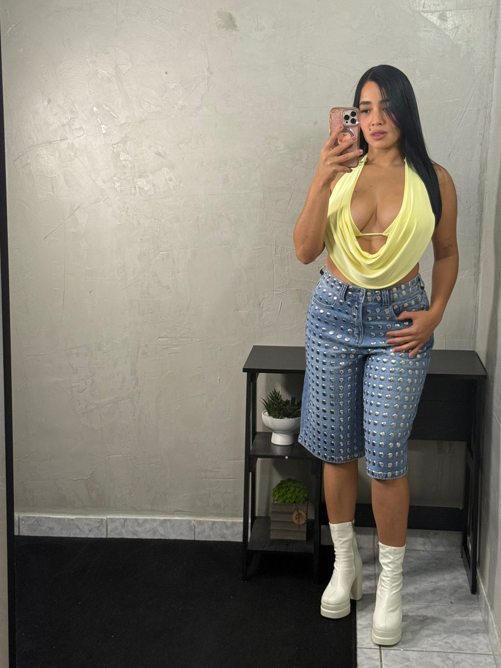 Yellow top with open shirt vibe