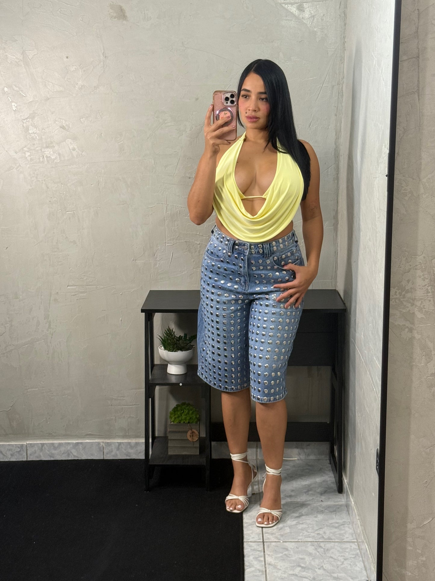 Yellow top with open shirt vibe