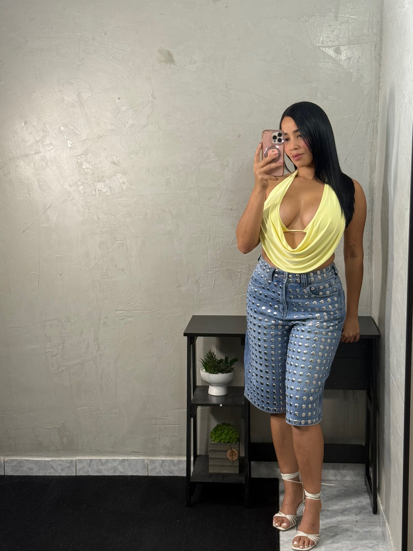 Yellow top with open shirt vibe